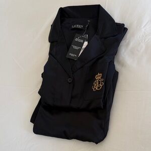 Lauren Ralph Lauren Black Satin Pajama Set with Gold Crest